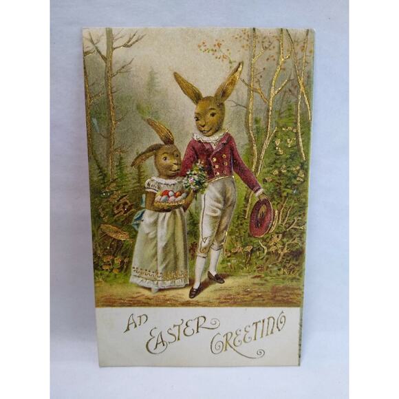 Easter Postcard Humanized Dressed Anthropomorphic Bunnies Rabbits Fantasy Forest - Picture 4 of 4
